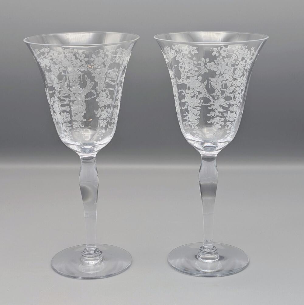 Pair Vintage Morgantown Mikado Etched Glass Water Goblets 1930s Stemware